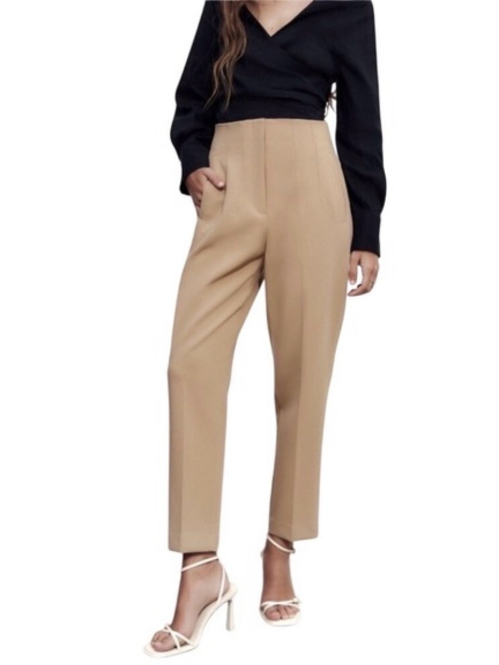 Zara High-Waisted Tapered Pants Taupe Brown XS